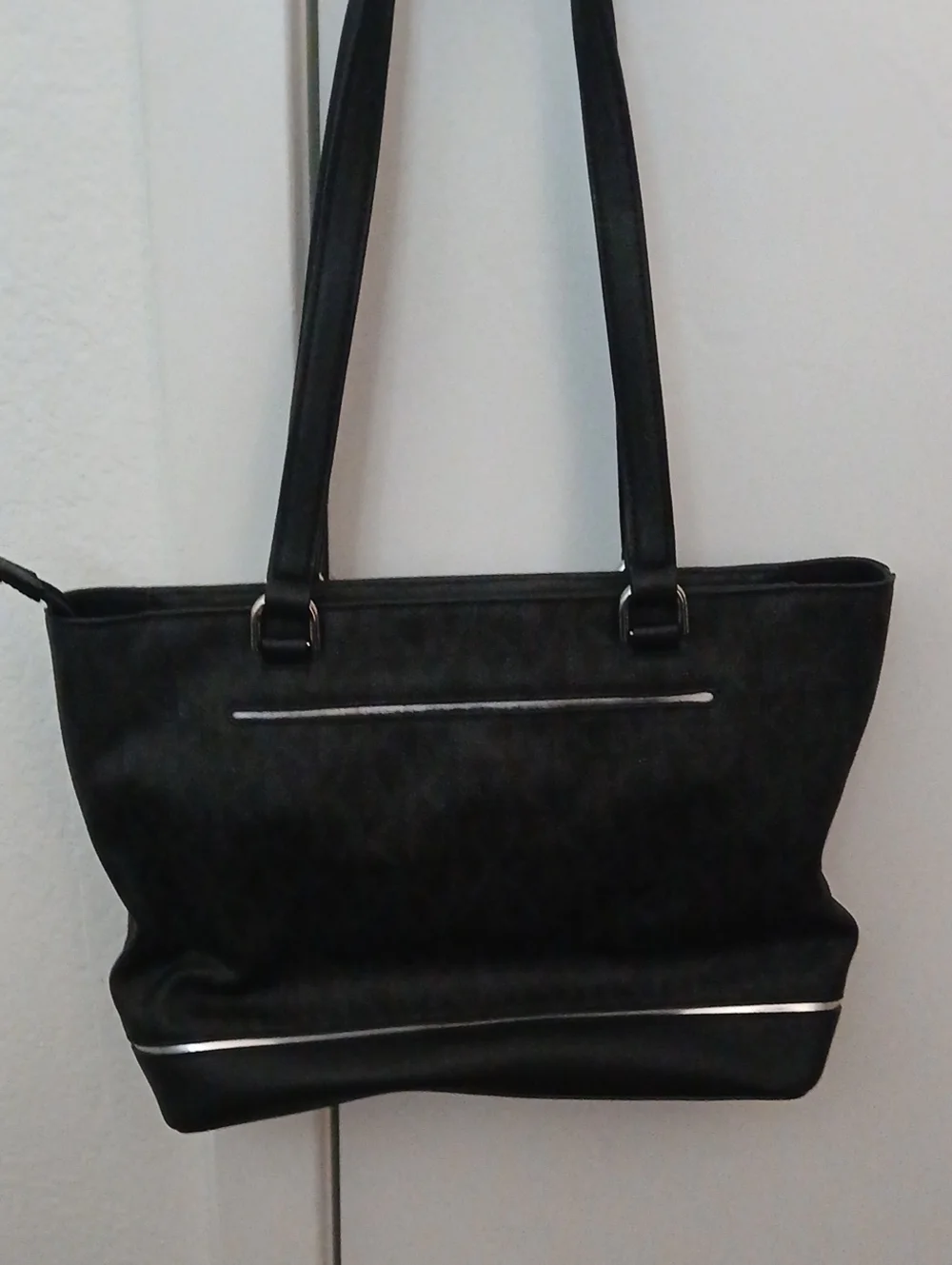 Michael Kors Black Logo Tote with Silver Trim and Front Zip